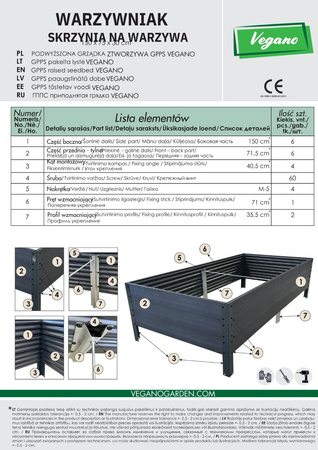 Warzywniak - podwyższona grządka - szary GPPS - Vegano - 150 x 75 x 30 cm