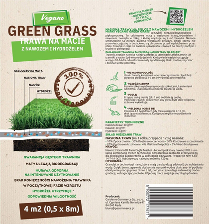 GreenGrass - Trawa Na Macie – z nawozem i hydrożelem Trawy Vegano 0,5 x 8 m (4 m²)